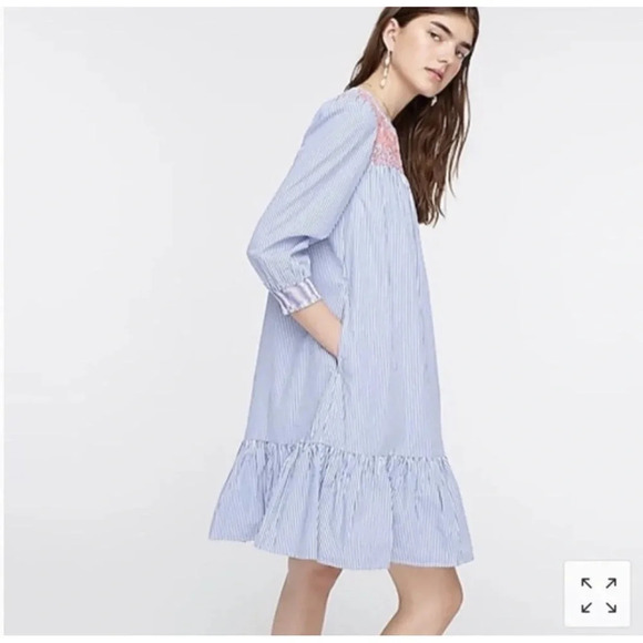 J. Crew | Stripe Embroidered Popover Dress with Ruffle Hem Size XXS Style AM118 - Picture 1 of 6